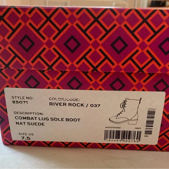 Tory Burch Suede Combat Lug Sole Lace Up Boots Nat River Rock Brown 85071 Gold