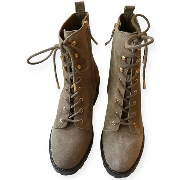 Tory Burch Suede Combat Lug Sole Lace Up Boots Nat River Rock Brown 85071 Gold