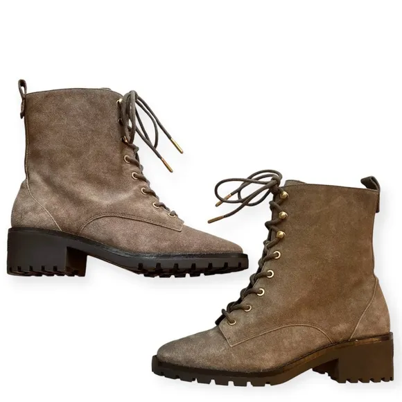 Tory Burch Suede Combat Lug Sole Lace Up Boots Nat River Rock Brown 85071 Gold