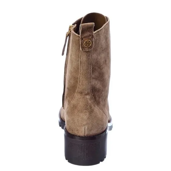 Tory Burch Suede Combat Lug Sole Lace Up Boots Nat River Rock Brown 85071 Gold