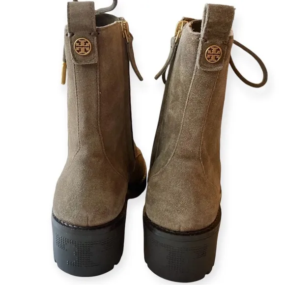 Tory Burch Suede Combat Lug Sole Lace Up Boots Nat River Rock Brown 85071 Gold