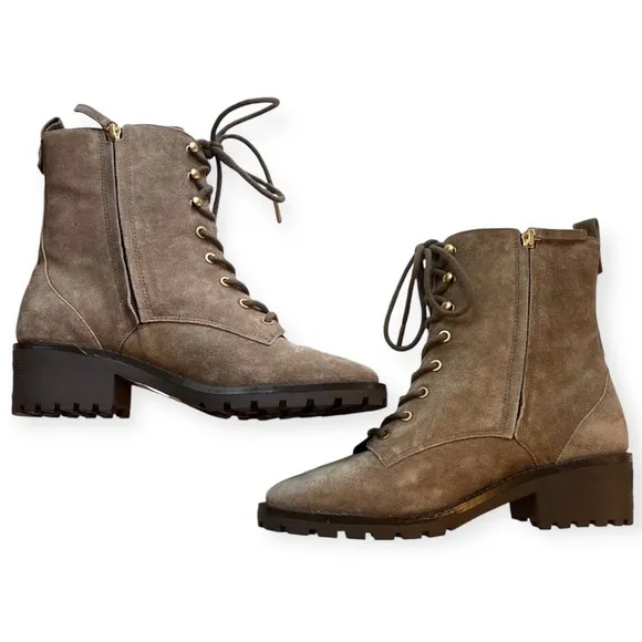 Tory Burch Suede Combat Lug Sole Lace Up Boots Nat River Rock Brown 85071 Gold