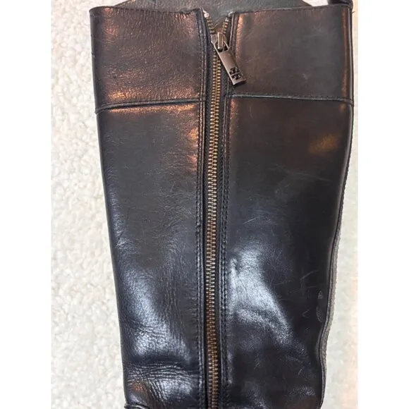 TORY BURCH WOMEN BLACK LEATHER RIDING EQUESTRIAN BOOTS MID CALF Zip US8.5 EUR 39