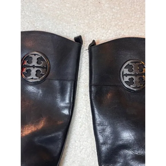 TORY BURCH WOMEN BLACK LEATHER RIDING EQUESTRIAN BOOTS MID CALF Zip US8.5 EUR 39