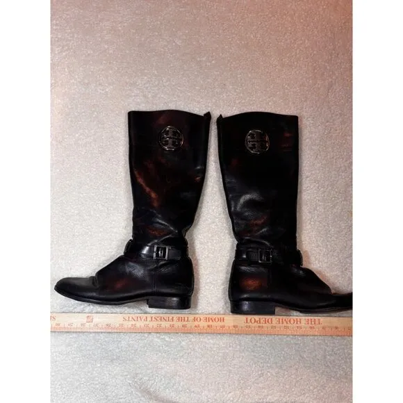 TORY BURCH WOMEN BLACK LEATHER RIDING EQUESTRIAN BOOTS MID CALF Zip US8.5 EUR 39