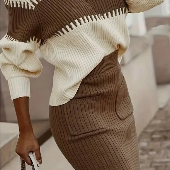 Two-Piece Slim-Fit Color Block Rib Knit Sweater Midi Skirt Set Cream Brown W 12
