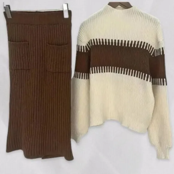Two-Piece Slim-Fit Color Block Rib Knit Sweater Midi Skirt Set Cream Brown W 12