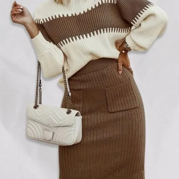 Two-Piece Slim-Fit Color Block Rib Knit Sweater Midi Skirt Set Cream Brown W 12