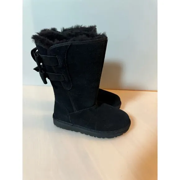 UGG Allegra II Double Bailey Bow Black Suede Tall Boots Size 6 Women