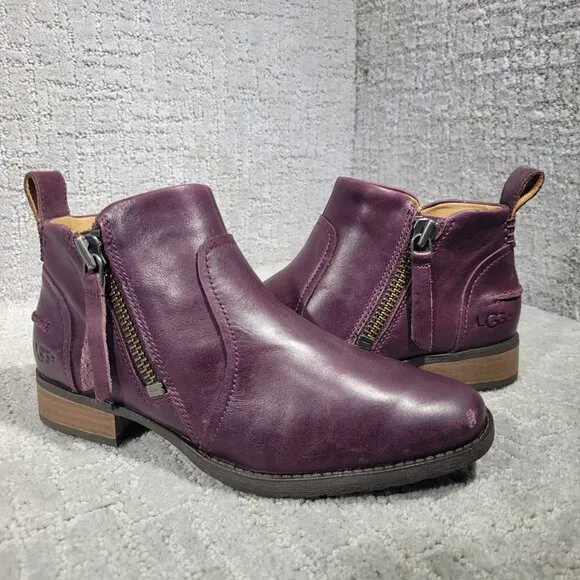Ugg Aureo Women's Size 6M US Purple Leather Side Zip Ankle Boots 1098314