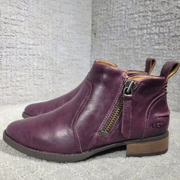 Ugg Aureo Women's Size 6M US Purple Leather Side Zip Ankle Boots 1098314