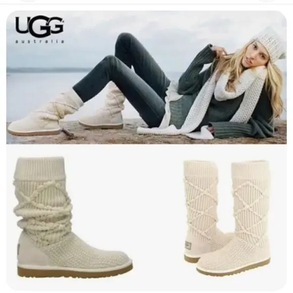 UGG Australia Argyle Brown Knit Midcalf Sheepskin Merino Wool Sock Sweater Boots