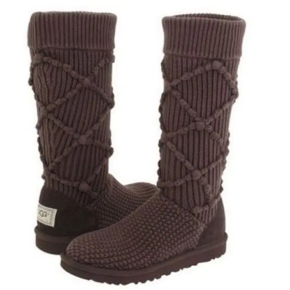 UGG Australia Argyle Brown Knit Midcalf Sheepskin Merino Wool Sock Sweater Boots