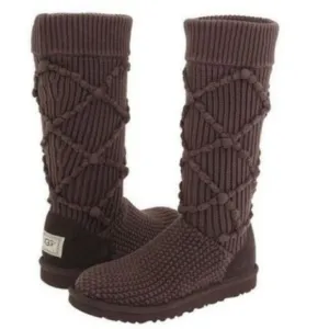 UGG Australia Argyle Brown Knit Midcalf Sheepskin Merino Wool Sock Sweater Boots