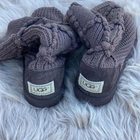 UGG Australia Argyle Brown Knit Midcalf Sheepskin Merino Wool Sock Sweater Boots