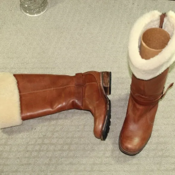 Ugg Australia Langley Women's Size 8 Cognac Leather Sheep Skin Tall Boots