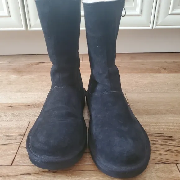 UGG AUSTRALIA RAINBOW ZIPPER BLACK LEATHER SUEDE SHEEPSKIN BOOTS GIRLS SZ 6