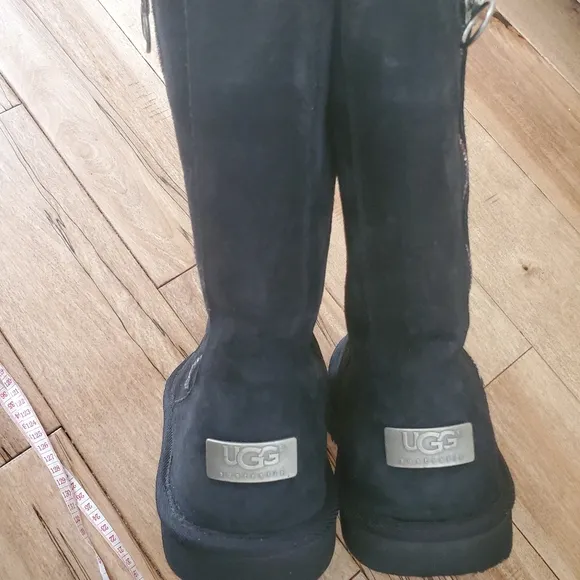 UGG AUSTRALIA RAINBOW ZIPPER BLACK LEATHER SUEDE SHEEPSKIN BOOTS GIRLS SZ 6
