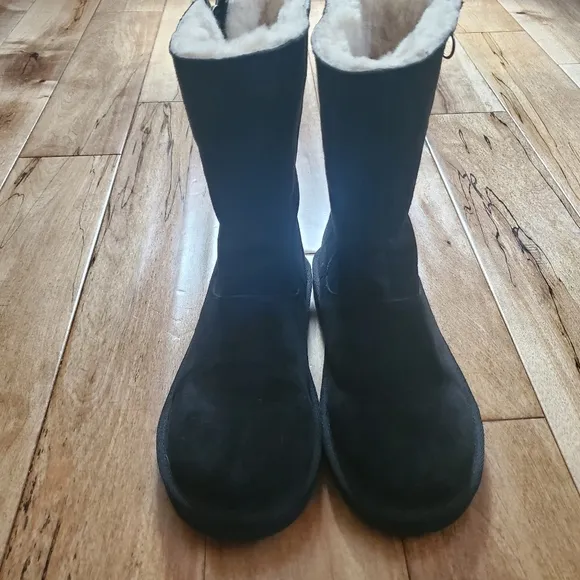 UGG AUSTRALIA RAINBOW ZIPPER BLACK LEATHER SUEDE SHEEPSKIN BOOTS GIRLS SZ 6