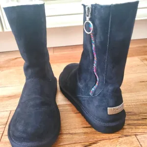 UGG AUSTRALIA RAINBOW ZIPPER BLACK LEATHER SUEDE SHEEPSKIN BOOTS GIRLS SZ 6