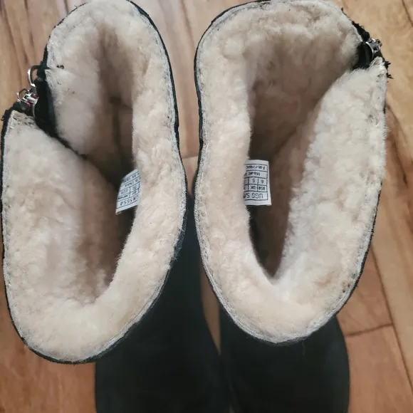UGG AUSTRALIA RAINBOW ZIPPER BLACK LEATHER SUEDE SHEEPSKIN BOOTS GIRLS SZ 6