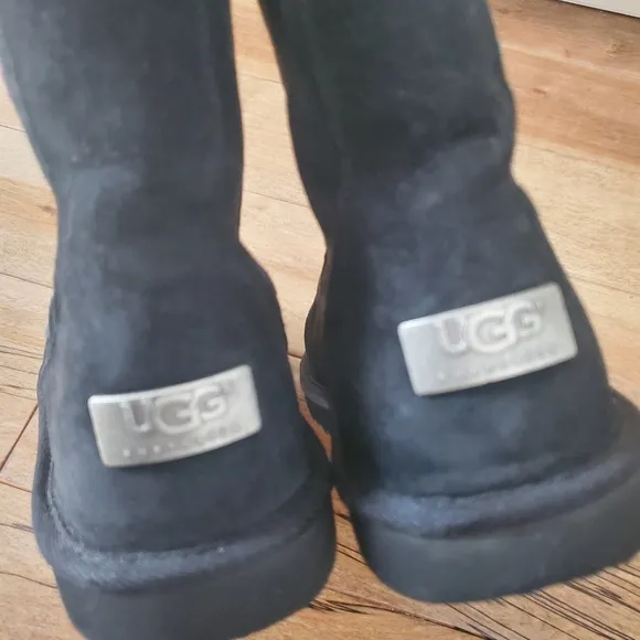 UGG AUSTRALIA RAINBOW ZIPPER BLACK LEATHER SUEDE SHEEPSKIN BOOTS GIRLS SZ 6