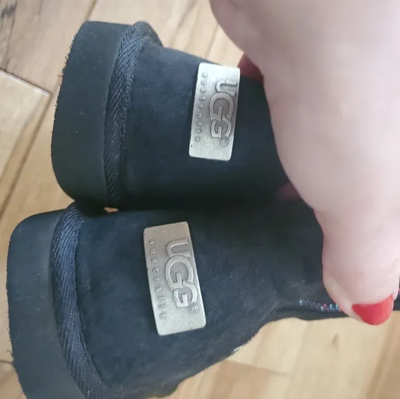 UGG AUSTRALIA RAINBOW ZIPPER BLACK LEATHER SUEDE SHEEPSKIN BOOTS GIRLS SZ 6