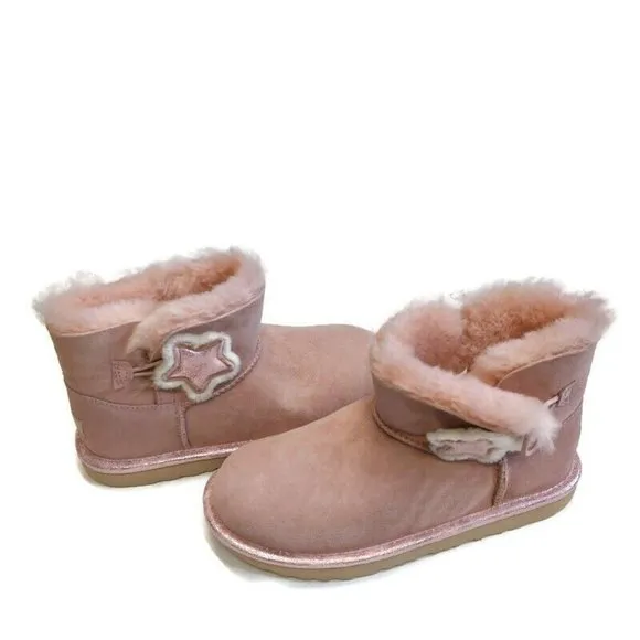 UGG Bailey Button Star Suede Boots #1107969K Pink Crystal Big Kids 5 Womens Sz 6