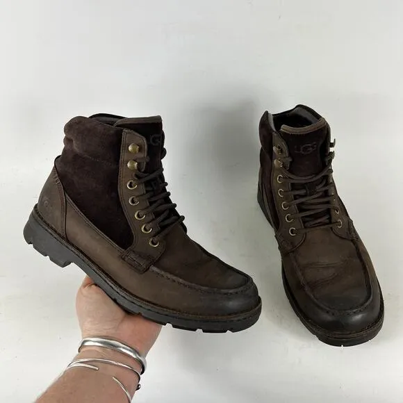 Ugg Barrington Boots mens size 7 brown leather waterproof lace up lined shoes