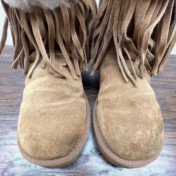 UGG Darlala Bunny Fringe Fur Chestnut Suede Girls Boots Size 4 1100550