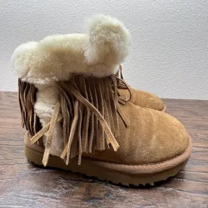 UGG Darlala Bunny Fringe Fur Chestnut Suede Girls Boots Size 4 1100550