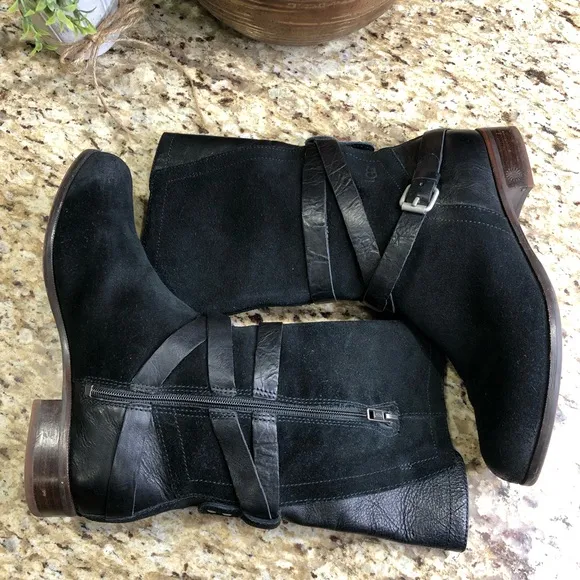 UGG Deanna Suede Distress Harness Moto Riding Boots Black 6