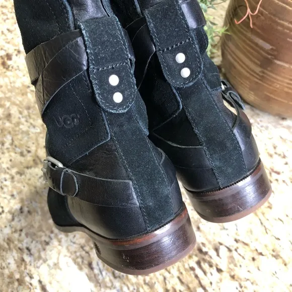 UGG Deanna Suede Distress Harness Moto Riding Boots Black 6
