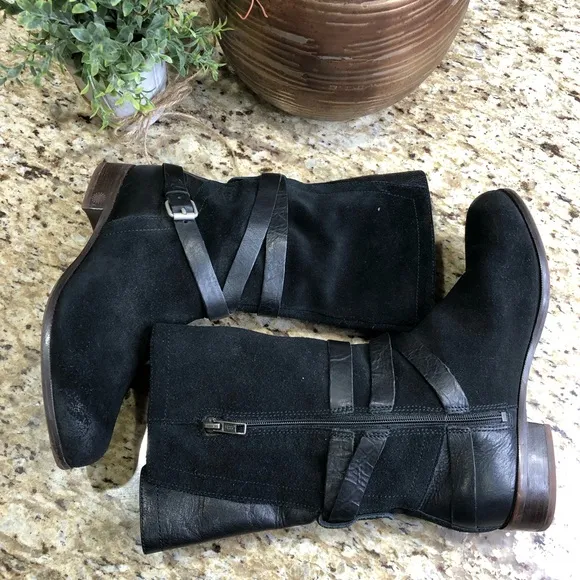UGG Deanna Suede Distress Harness Moto Riding Boots Black 6