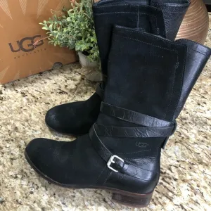 UGG Deanna Suede Distress Harness Moto Riding Boots Black 6
