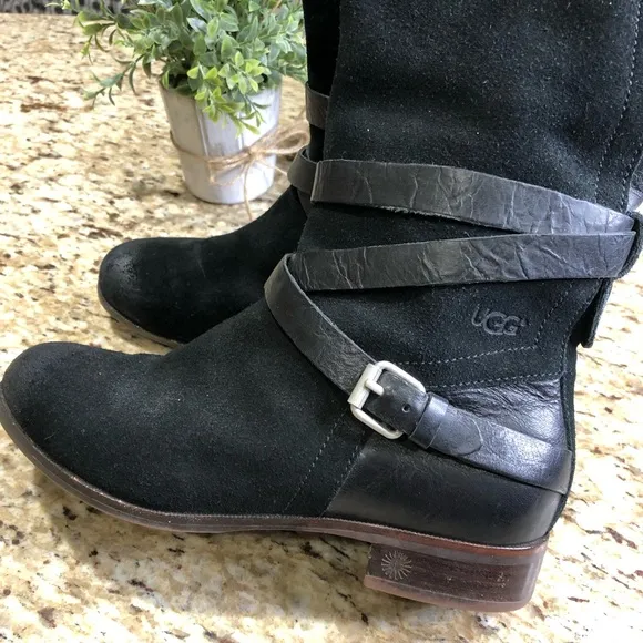UGG Deanna Suede Distress Harness Moto Riding Boots Black 6