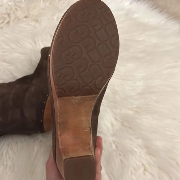 UGG Lynnea Brown Suede Sherpa Lined Clog Heel Wooden Sole Women's Boots 7