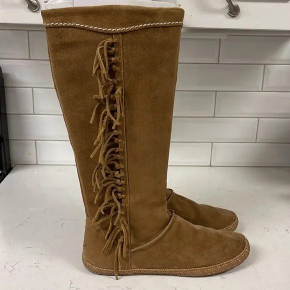 UGG MAMMOTH WOMEN'S SIZE 10 CHESTNUT TALL ZIP FRINGED CASUAL BOOTS #1008812