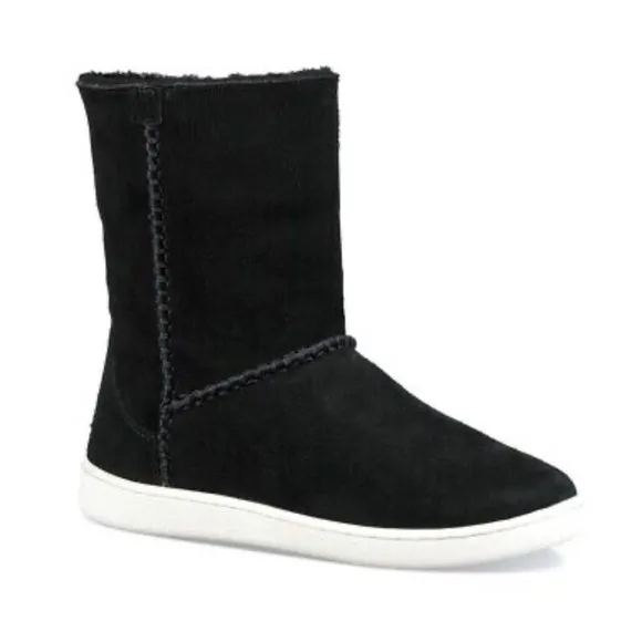UGG Mika Faux Shearling Cuff Suede Boots Ankle Booties Black Logo Size 8