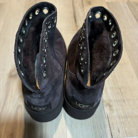 UGG Pure RILEY Brown Suede Ankle Boots Metal Grommets Fur Lined Wedge Booties 8