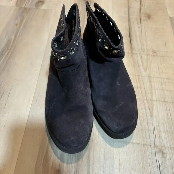 UGG Pure RILEY Brown Suede Ankle Boots Metal Grommets Fur Lined Wedge Booties 8