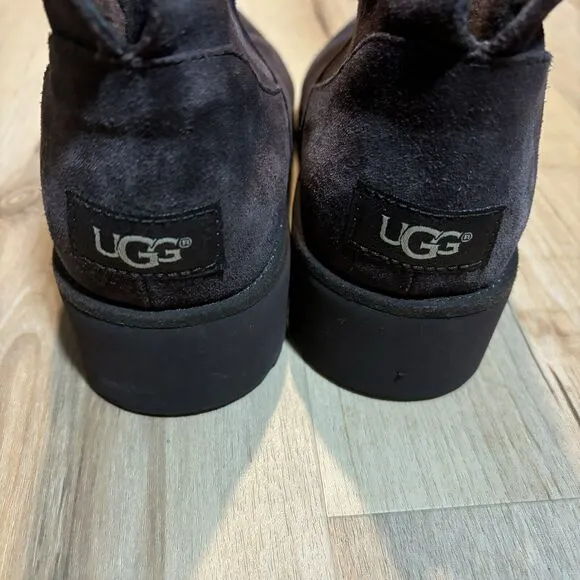 UGG Pure RILEY Brown Suede Ankle Boots Metal Grommets Fur Lined Wedge Booties 8