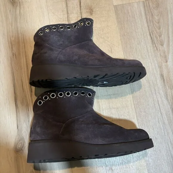 UGG Pure RILEY Brown Suede Ankle Boots Metal Grommets Fur Lined Wedge Booties 8