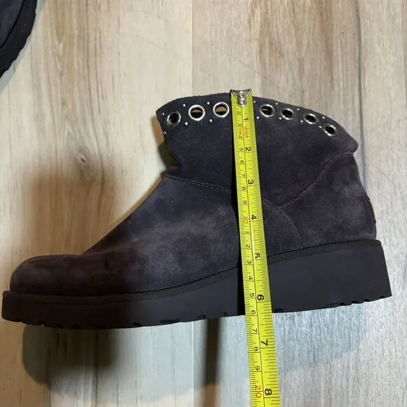 UGG Pure RILEY Brown Suede Ankle Boots Metal Grommets Fur Lined Wedge Booties 8