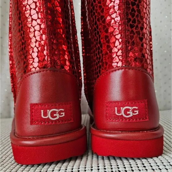 UGG Toddler Girls Red Hearts Boot Metallic Red Size 3, NEW!