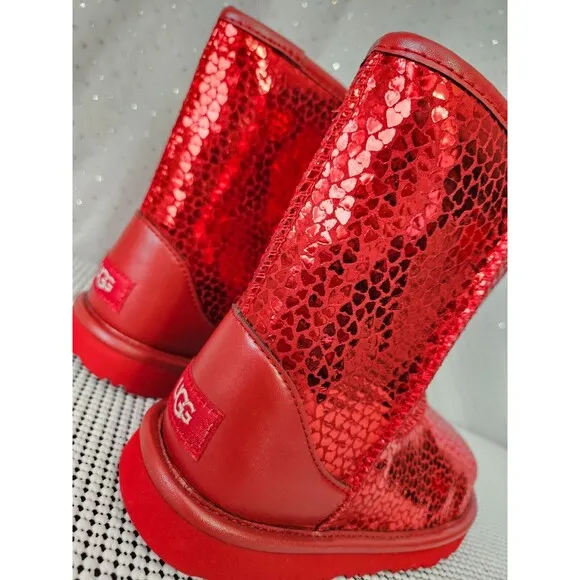 UGG Toddler Girls Red Hearts Boot Metallic Red Size 3, NEW!