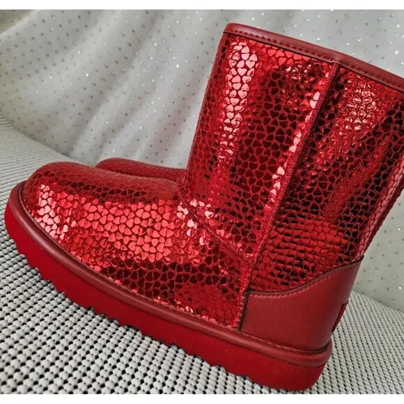 UGG Toddler Girls Red Hearts Boot Metallic Red Size 3, NEW!