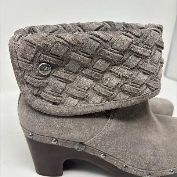 UGG‎ Women's 9 Lynnea Arroyo Heathered Gray Woven Suede Studded Heeled Boots