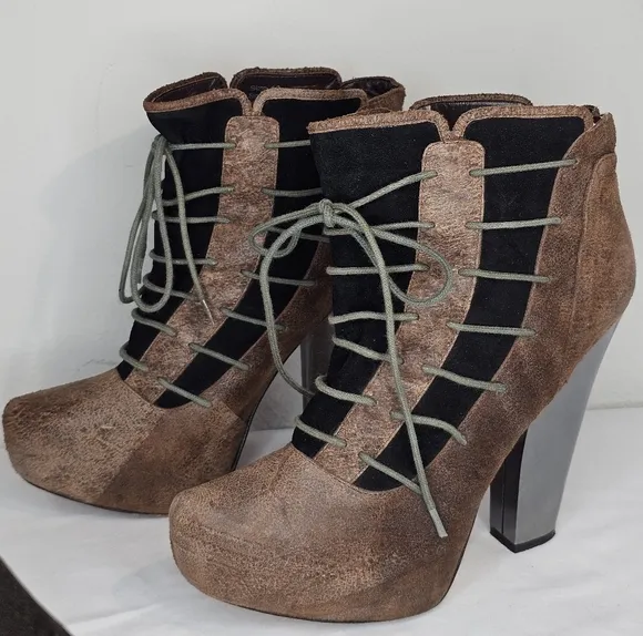 Velvet Angels Sindrome Brown &amp; Black Suede Platform Ankle Boots Women's Size 8.5