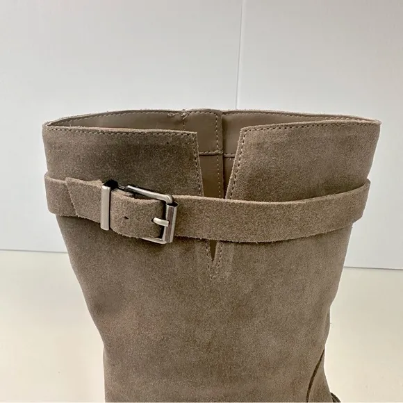 VINCE CAMUTO Walleya2 Mid Calf Boots Size 8.5M Suede Tan Leather Side Zi…